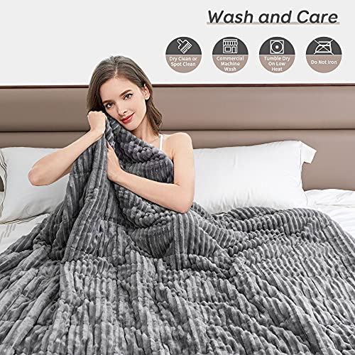 Sherpa Fleece Weighted Blanket for Adult, 15lbs Thick Fuzzy Bed Throw with Ribbed Stripes, Dual Sided Cozy Fluffy Weighted Blanket with Premium Beads for Bed, Couch, 60 x 80 Inches, Grey