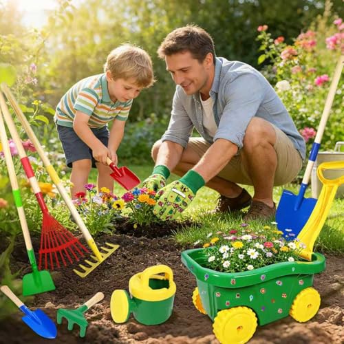 Wheelbarrow for Children, 13pcs Children's Wheelbarrow Set Gardening Set, Children's Garden Tools Set with Shovel, Broom, Rake and Leaf Rake, Sprayer Outdoor Sand Toys (B)