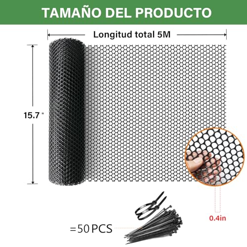 NUOWEI Valla De Plástico Negro, 15,7 Pulgadas x 5 Metros Red Protectora, Malla De Plástico Para Uso En El Jardín o En La Finca, Apta Para Gallinas, Gatos, Perros, Conejos Etc （50 Negro Bridas）