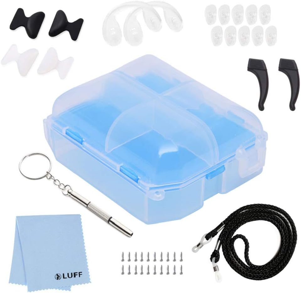 Multi-Functional Eyewear/Sunglasses/Reading Glasses Accessories Repair Box Kit,8 Accessories (4 Kinds Nose Pads, Multi-Functional Screwdriver, Cleaning Cloth, Glasses Strap, Screws)