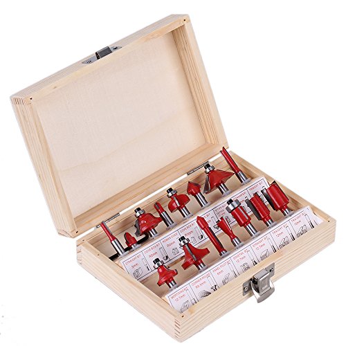 CNBTR Professional 1/4" Shank Carbide Router Bit Set Milling Cutter Wood Case Tool Kit Pack of 15