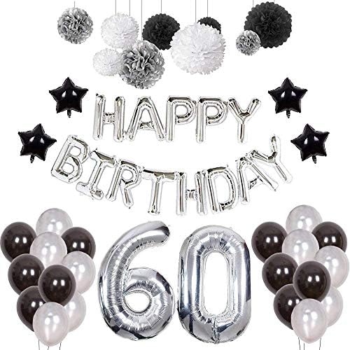 6oth Birthday Party Banner Kit Number 60 Foil Balloon Party Decorations with Tissue Paper Pom Pom Balls Black & Silver for Men Made of High Quality Paper and Latex Non-Toxic and Odorless Long Lasting