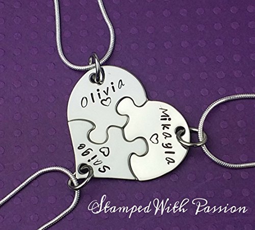 Best Friends Necklace set, 3 piece heart puzzle necklace set, Sorority sisters jewelry, Sister gifts, Hand stamped jewelry, Custom necklaces, Personalized jewelry.