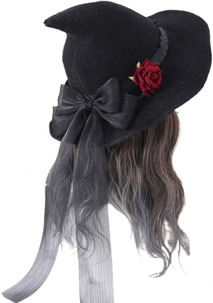 Qchomee Velvet Witch Hat with Gothic Rose Bow-knot Women Girls Halloween Costume Handmade Exquisite Wizard Cap Lolita Party Masquerade for Decor Carnival Daily Cosplay Accessory, Black