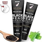 Selene Black Mask [2-Pack] - Charcoal Peel Off Mask, Blackhead Remover With Aloe Vera, Includes Black Head Extractor Tool Kit