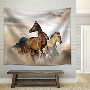 Beautiful Horses of Different Breeds Running in Dust on Sunset - Fabric Wall Tapestry Home Decor - 51x60 inches