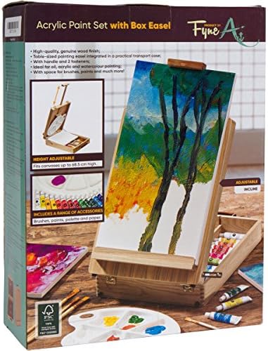 51-Piece Artist Acrylic Paint Set with Easel, 10 Nylon Acrylic Paint Brushes, 18 Acrylic Paint Tubes, 20 Wells Paint Pallet Color Mixing Tray, Painters Knife Tool and 2 Stretched Canvases by FyneArt