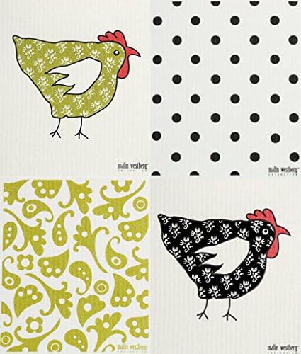 Swedish Dishcloth, Set of 4 (DG) OLIVE GREEN & BLACK Tapethona Chicken/Roosters