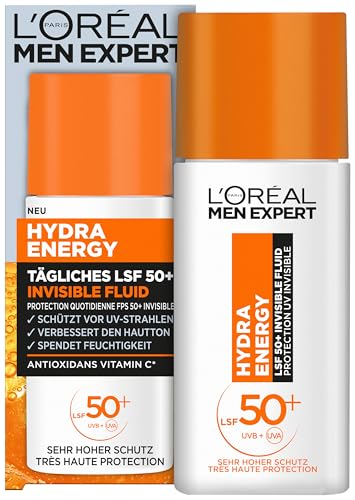 L'Oréal Men Expert Protección solar UV SPF 50 para hombres, líquido invisible para la cara contra los rayos del sol, protector solar SPF 50+ contra el envejecimiento con vitamina C, Hydra Energy, 1 x