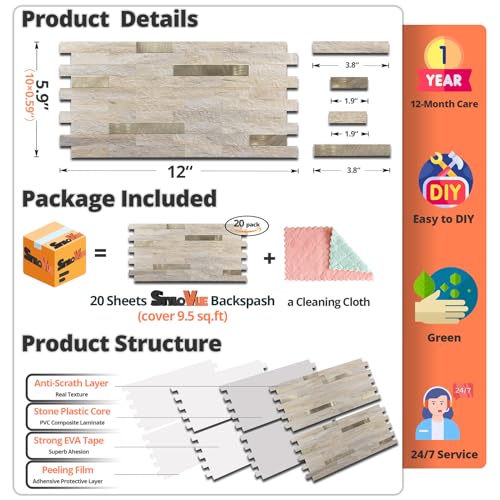 StyloVue 20 Sheets Kitchen Peel and Stick Backsplash Tiles, Beige with Metal Gold Look Stick on Backsplash for Kitchen, RV, Fireplace