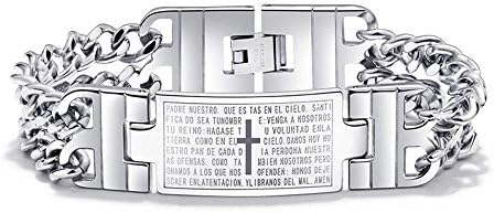 Keybella Men's Vintage Stainless Steel Silver Cross Spain Bible Lords Prayer Religious Link Wrist Big Bracelet