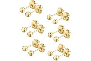 FOSIR 6 Pair Tiny Women 14K Gold Plated Ball Stud Earrings Surgical Stainless Steel Earrings Set, 2-6MM