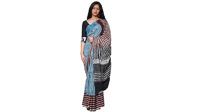 Multicolured Cotton Hand Block Printed Saree With Unstitch Blouse