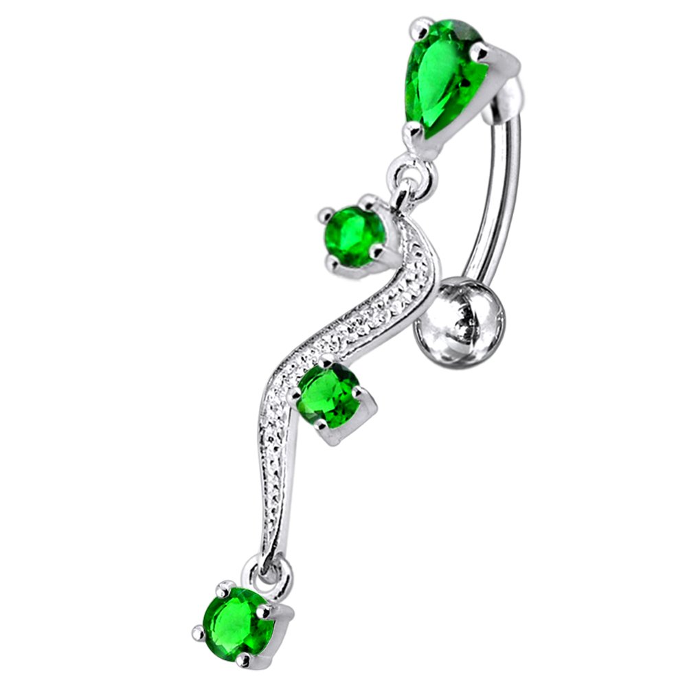 CZ Crystal Stone Curved Branch Dangling Reverse Bar 925 Sterlingl Silver Belly Ring Body Jewelry
