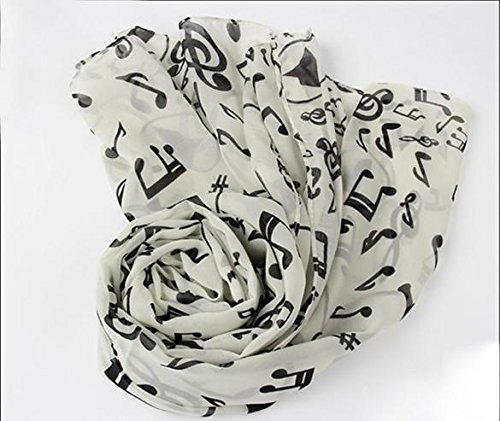 Qenci Chiffon Scarf Musical Note Printed Neck Lightweight Scarf Shawl Wrap White