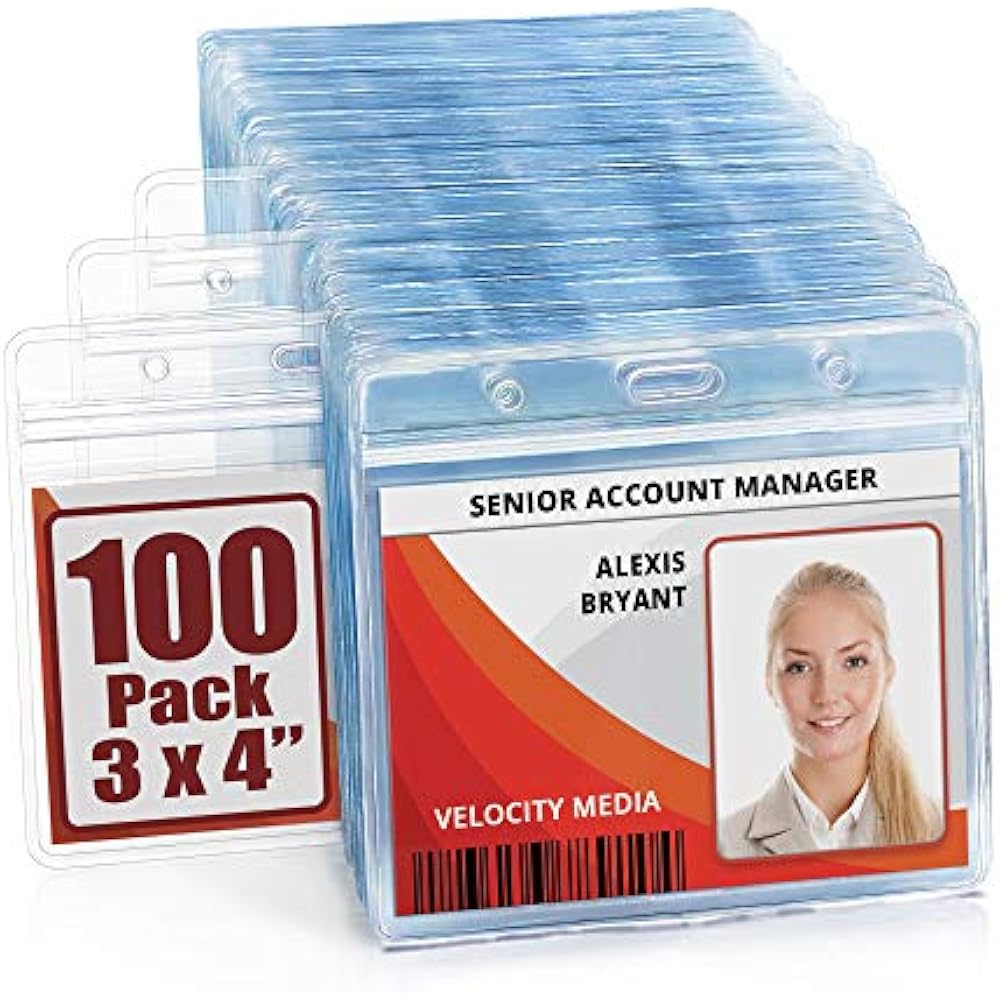 Large Badge Holders Horizontal ID Name (Clear, 3x4 Inches, 100 Pack