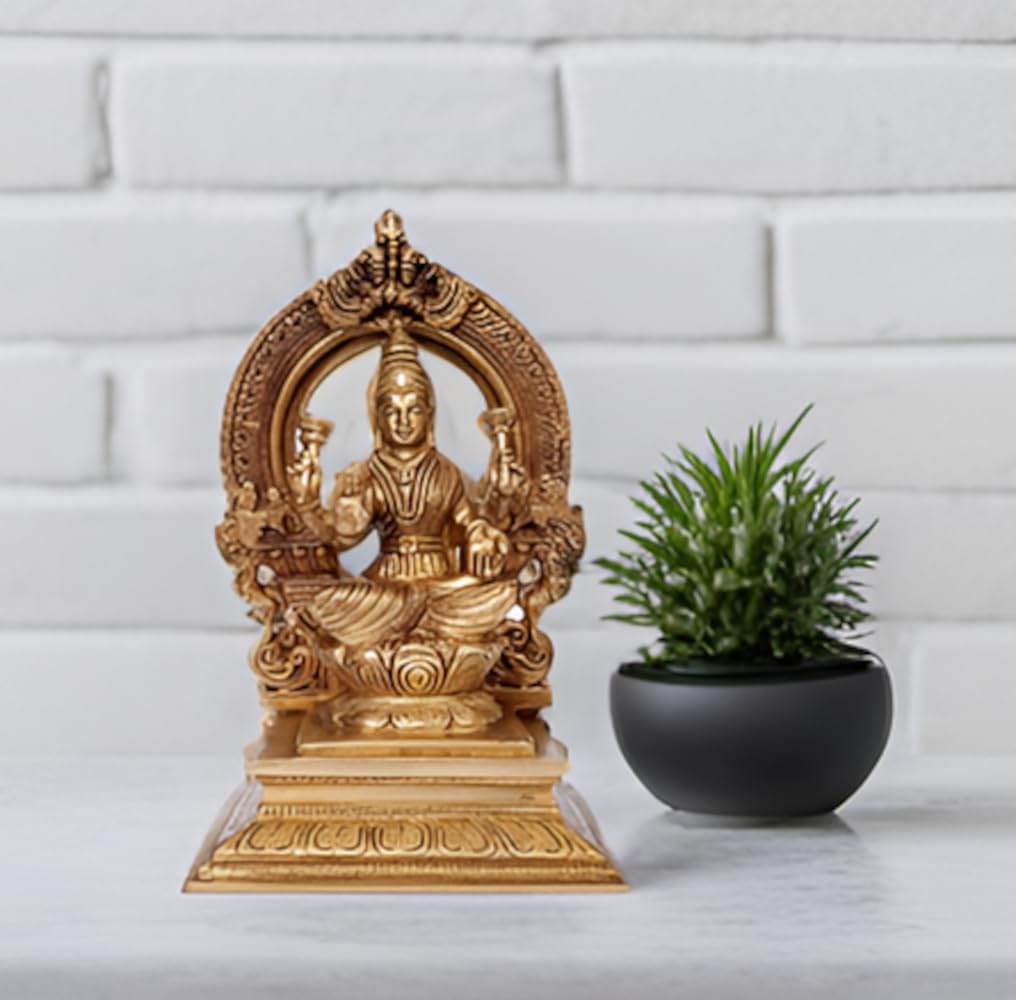 Purpledip Majestic Brass Idol Lakshmi Mahalakshmi in Mandapam: Rare Collectible Sculpture with Intricate Carving (12278)
