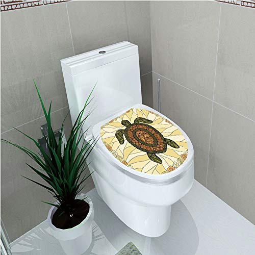 Toilet Sticker 3D Print Design,Turtle,Stylized Turtle Zentangle on Yellow Background Spiral Forms Bohemian Artwork,Yellow Green Brown,for Young Mens,W12.6"xH14.9"