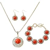 Zian 3 Pcs Western Turquoise Jewelry Set‌ for Women Bohemian Round Disc Pendant Necklace Earrings Bracelet Gold Plated Cowgirl Cowboy Country Concert Outfits Accessories