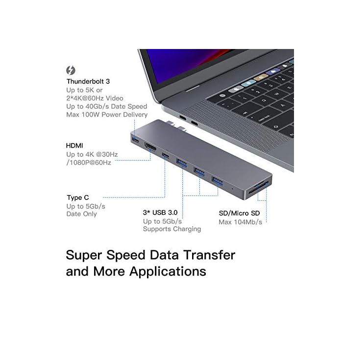 Ofima USB C hub 8 in 1, Adaptador MacBook Pro, 4K HDMI, Thunderbolt 3, USB 3.0, Type C, Lector de Tarjetas SD/TF, USB C Concentrador para MacBook Pro 2019/2018/2017/2016, MacBook Air 2019/2018, etc - Imagen 4