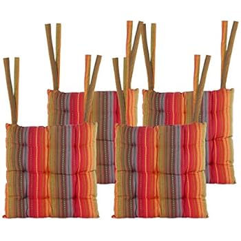 COTTON CRAFT - Set of 4-17x17 Inches - Red- Multi Salsa Stripe Dining Chair Pad Cushion with Ties