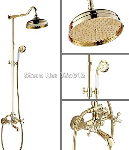 Bathroom Luxury Rain Shower Faucet Set /Wall Mounted Dual Cross Handles Gold Color Brass Bathtub Mixer Tap + Hand Spray Wgf608,Yellow