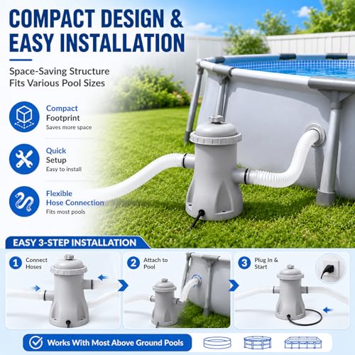Denash de Bomba de filtros de Piscina de Cartucho, 330 GPH, Potente Bomba de Filtro de Piscina, Cartucho eléctrico de Alta eficiencia para Piscinas sobre el Piso