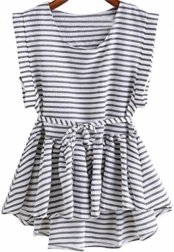 Clothing China Ladies Black and White Striped Tops Pleated Sleeveless Round Neck Dip Hem High Low Peplum Loose Blouse