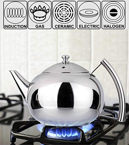2 Liter Tea Pot with Infuser for Loose Leaf Tea Stainless Steel Coffee Tea Kettle 8 Cup Induction Stovetop Teapot Strainer for Boiling Hot Water Mirror Finish 2.1 Quart 68 Ounce by Onlycooker