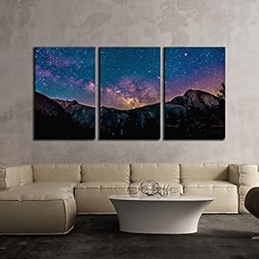 Colorful Nebula on Starry Night Sky Over Mountain x3 Panels
