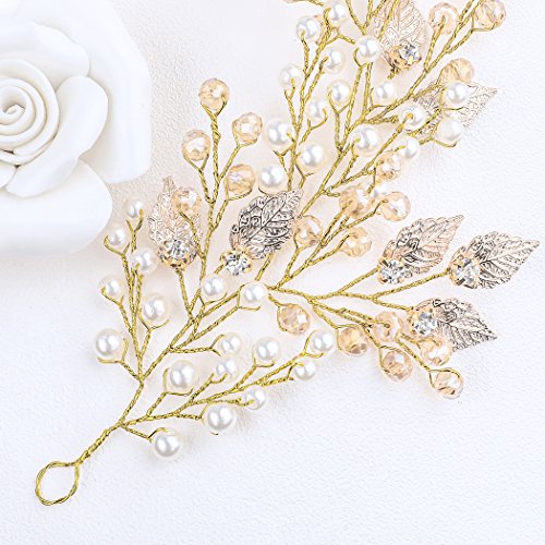 Yean Gold Wedding Headband Leaf Rhinestones Tiara Bridal Hair Vine Wreath