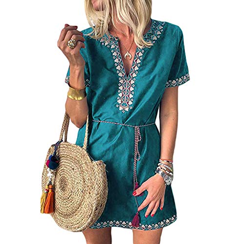 Respctful✿Womens Casual 3/4 Sleeve Floral Embroidered Mexican Peasant Dressy Tops Deep V Neck Lace Blouses Shirt Dress Tunic Green - Thumbnail 5