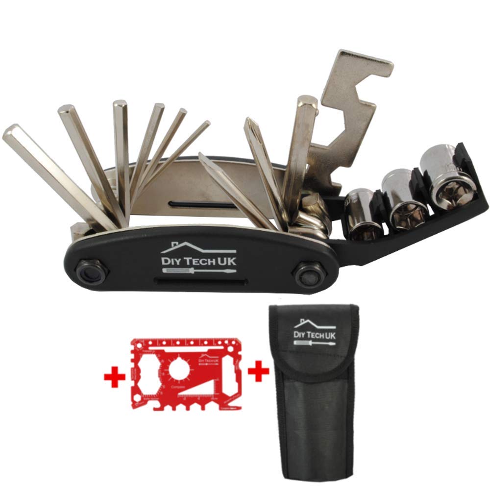 DIY TECH UK - 16 in 1 - Allen Keys Multi Tool Set Cycling Bicycle Bike - Small Hex Wrenches Multitool + 2 Screwdrivers - Black - Free 48 in 1 Credit Card Gadget + Pouch