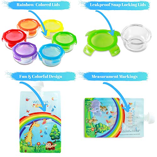 Glass Baby Food Storage Containers with Airtight Lids & Reusable Food Pouches [6+10 Pack] - BPA FREE, Microwave, Freezer, Dishwasher Safe, Perfect To Store Homemade Baby Food, Snacks, Baby Shower Gift