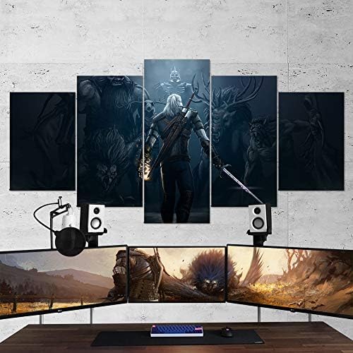 Game Wall Art - The Witcher, Geralt of Rivia, Wild Hunt, Multi Panel Art, 5 Piece Canvas Wall Art, Gaming Canvas, Wall Decor, Framed Ready to Hang (Small 23"x13")