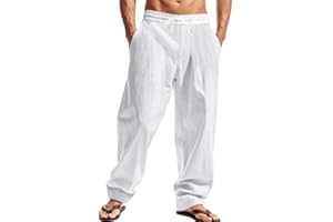 TAFLE Mens Linen Pants Casual Summer Beach Pants Elastic Waist Drawstring Lightweight Vacation Trousers with Pockets