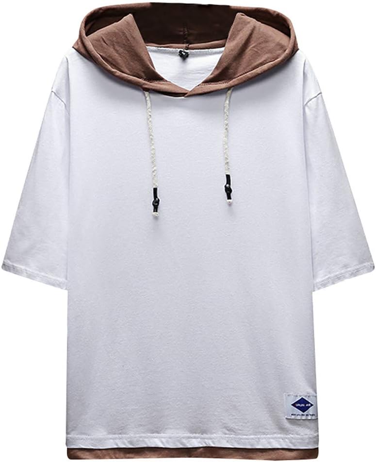 Men's Summer Fashion Casual Patchwork Hoodie T-Shirts Short Sleeves Top Blouse