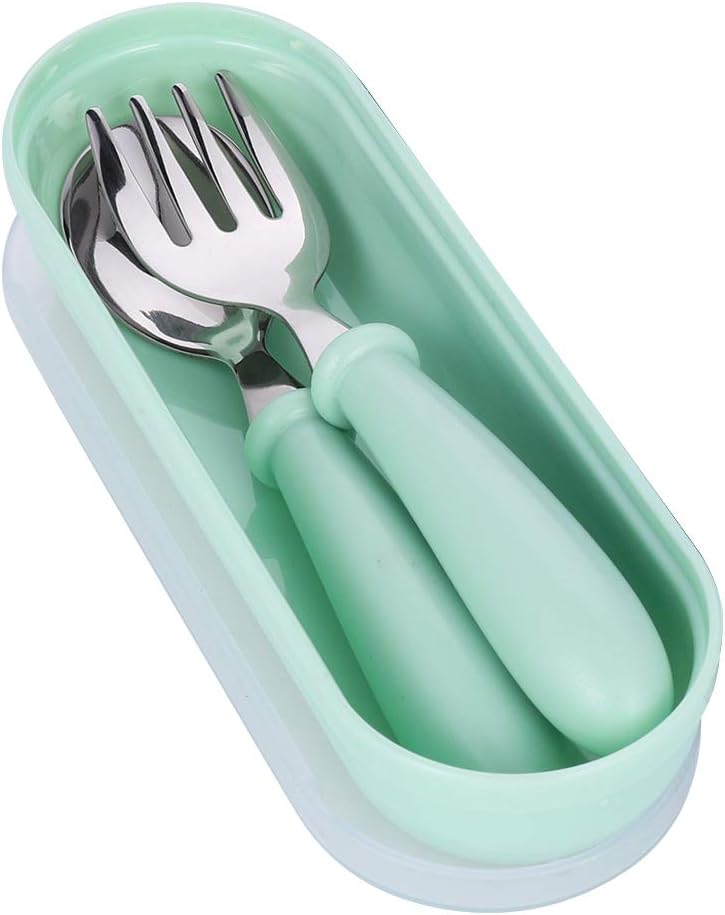 atnight Kleinkind Gabel und Löffel Set, Baby Besteck Fütterungsset mit Reisekoffer BPA Free Portable Kinder Utensilien Selbsternährung Lernen für zu Hause und unterwegs(Green)