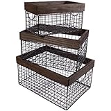 Cestas de almacenamiento de alambre superior de madera SLPR (juego de 3, madera oscura) |  Organizador con asas integradas para cocina, lavandería, guardería