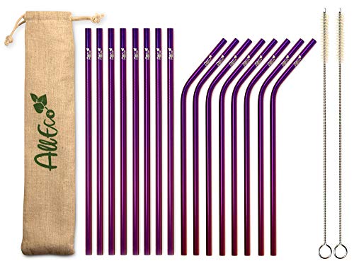 AllEco® Edelstahl Strohhalm wiederverwendbar bunt 16er Set Pick & Mix + 2 Reinigungsbürsten + Eco-Beutel Metall… – Bild 3