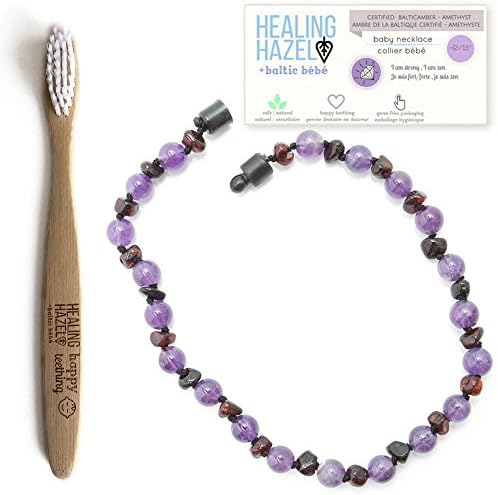 Healing Hazel + baltic bébé – 100% Certified Baltic Amber Pop Clasp Children Necklace with Gemstones, Amethyst, ~12-13 inches (Reduce Drooling &amp; Teething Pain) Bundle with Kids Bamboo Toothbrush