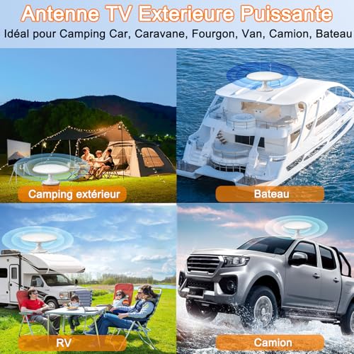 Antenne TV Exterieure Puissante DVB-T/DVB-T2, Réception Omnidirectionnelle 720° Antenne TNT Exterieur, pour Camping Car, Caravane, Fourgon, Van, Camion, Bateau (White-RV01)