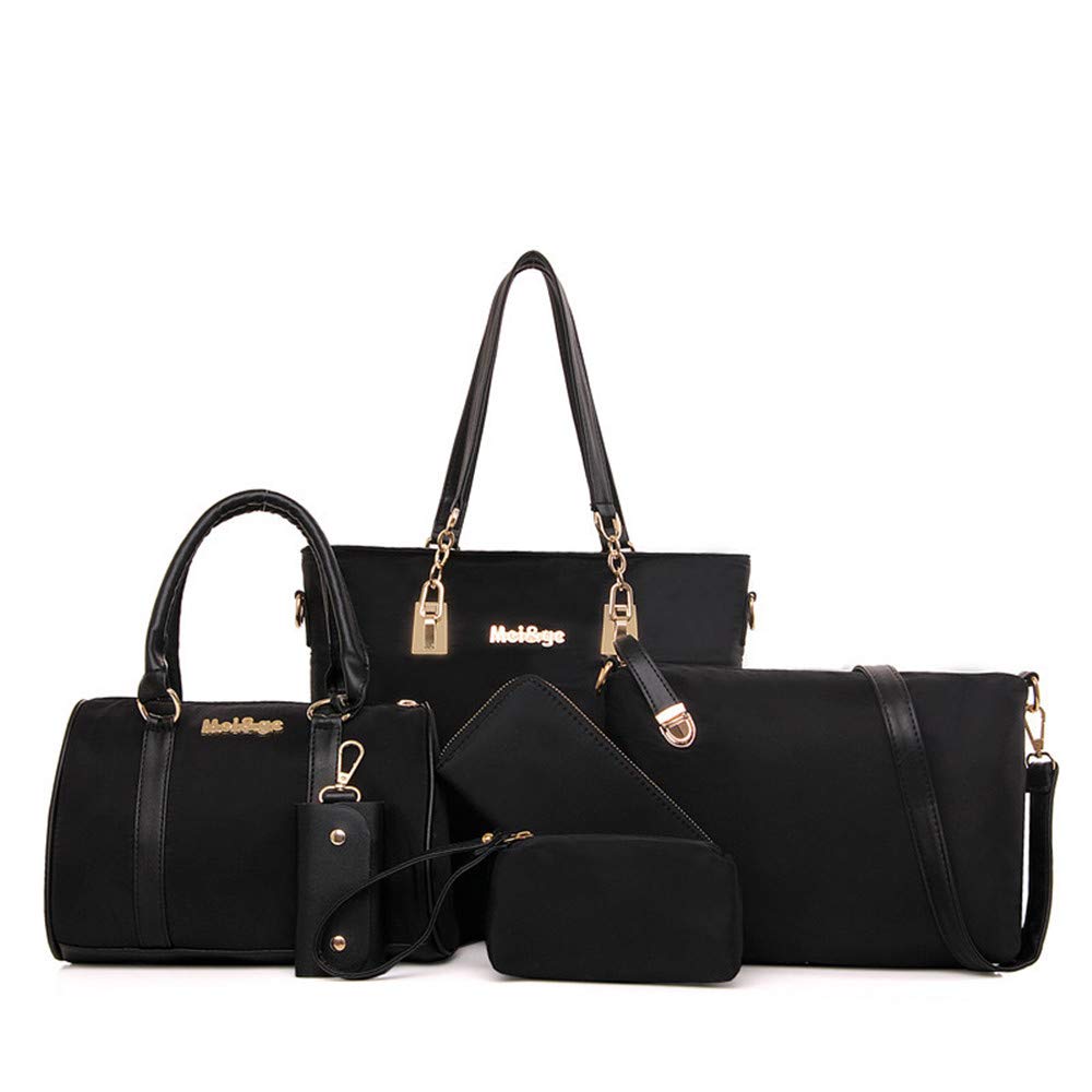 AlwaySky Nylon Women's Shoulder Bag 6 PCS Top-Handle Handbag Tote Purse Wallet Key Case Set (Black)