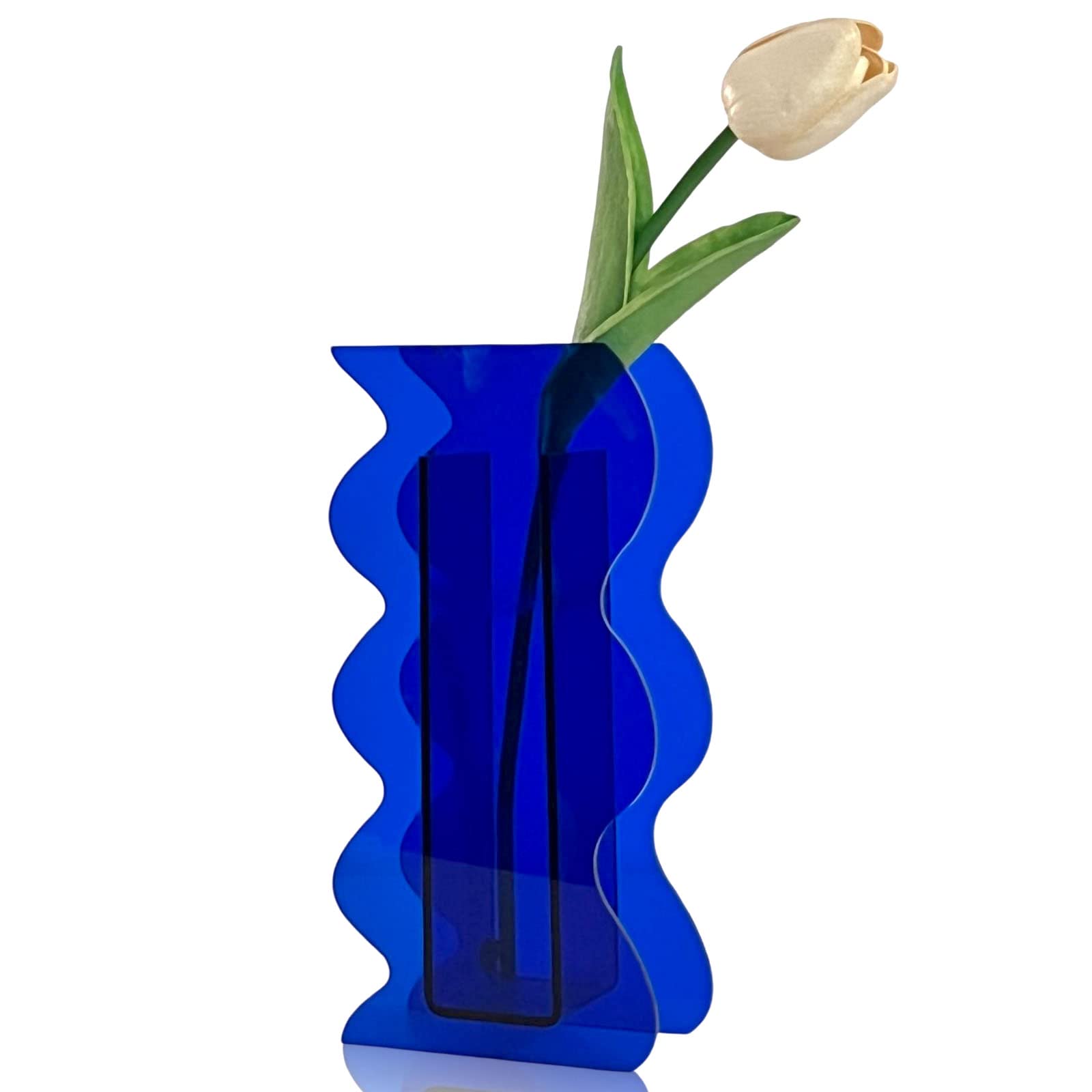 Photo 1 of BLOFLO Klein Blue Acrylic Vase, Geometric Wave Shaped Vases for Flowers, Modern Contemporary Decor for Home Office Wedding