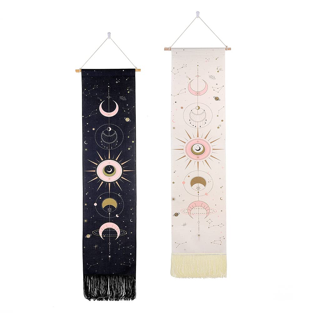 2 Pcs Wall Hanging Tapestry Decoration for Bedroom, Moon and Forest Boho Aesthetic Vintage Indie Room Decor Tapestries with Tassels Nature Bohemian Wall Art, 51.2 * 12.8in