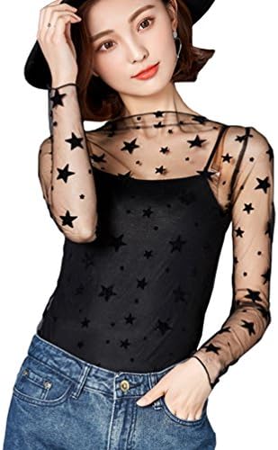Ladies Long Sleeve Sheer See Through Blouse Black Lace Thin Tops Transparent T-Shirt