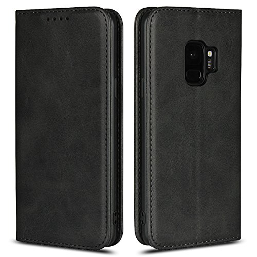 iCoverCase Compatible with Samsung Galaxy S9 Case, Premium Artificial Leather Case,Calf Pattern [Strong Magnetic Holster] Shockproof Protective with Folio Flip Wallet Leather Case(Dark Gray)