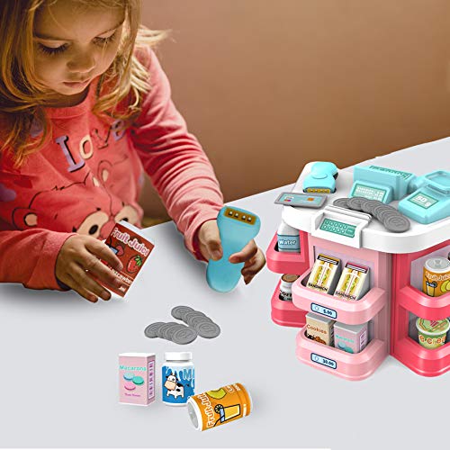 pozzolanas Pretend Play Toys,Cash Register Toys for Kids with Scanner Play Money Supermarket Grocery Toys Educational Playset Role Play Kits as Holiday Birthday Gift for Girls Boys