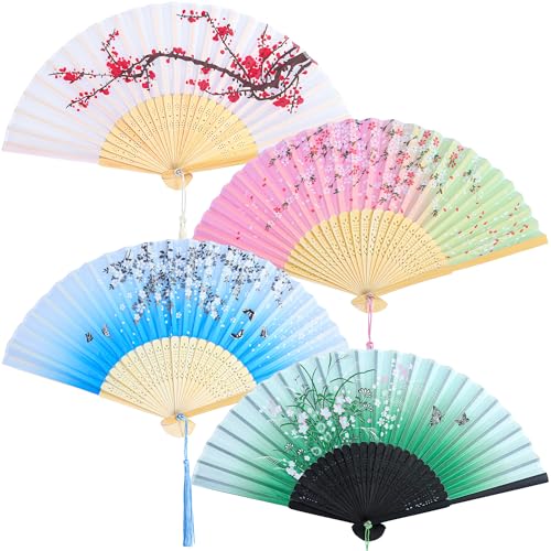 ANECO 4-Piece Folding Fans, Bamboo & Silk, 21cm/8.3in Closed, 38cm/15in Open, Multicolor, Retro Style, Foldable, Home & Summer Decor