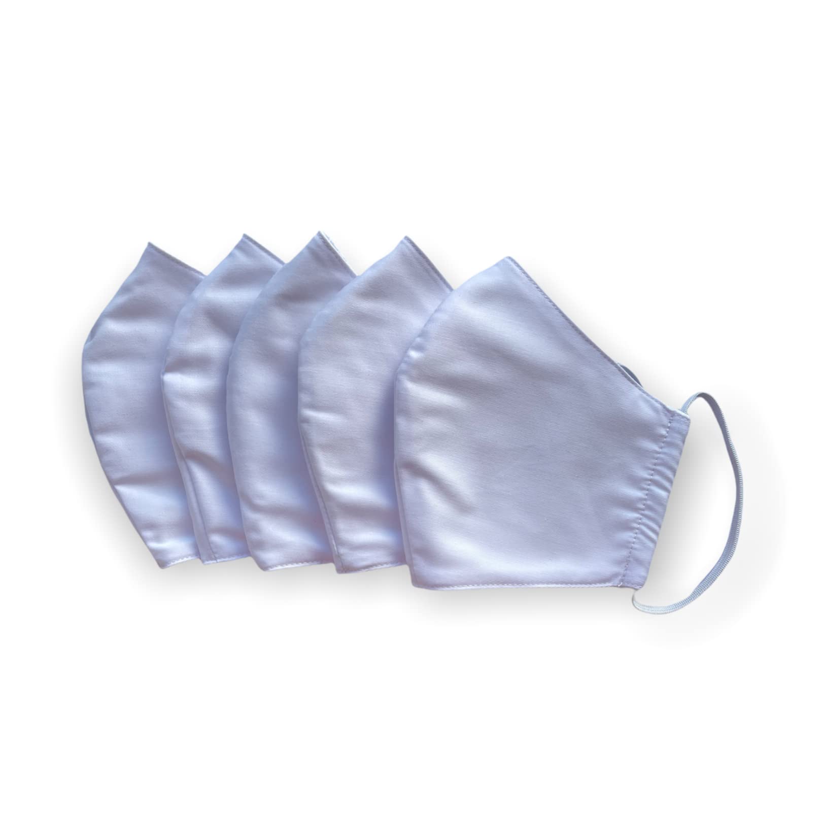 Glücksschmiedin - Set of 5 fabric masks in white for adults, cotton 3-ply, breathable, washable and perfect fit with soft adjustable rubbers, men and women